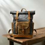 Men's Leather Waxed Canvas Vintage Laptop Backpack Campus Bag College Style Travel Rucksack