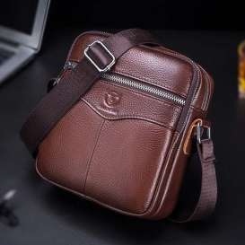 Genuine Leather Small Zipper Closed Messenger Bag for Men Vintage Shoulder Crossbody Bag for Work Business Travel