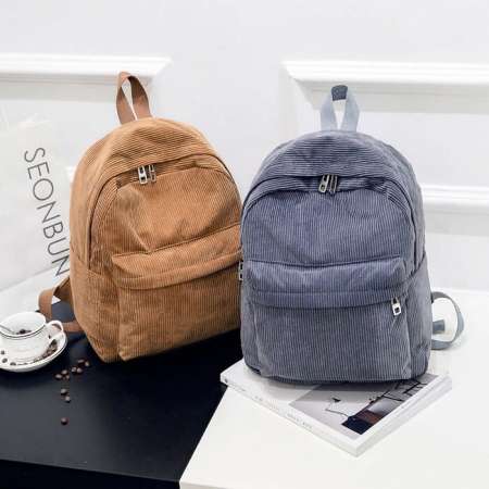 Corduroy Backpack Retro Solid Color Casual Daypack Shoulder Bag for Women