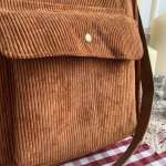 Corduroy Shoulder Bag, Women Vintage Shopping Bag, Zipper Bookbag, Casual Tote With Outside Pocket