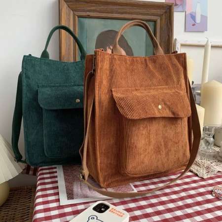 Corduroy Shoulder Bag, Women Vintage Shopping Bag, Zipper Bookbag, Casual Tote With Outside Pocket